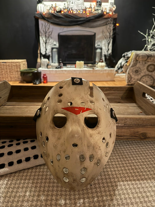 13X Studios Jason Part 4 Inspired Ivory Axe-Cut Hockey Mask - original photo IMG_9450