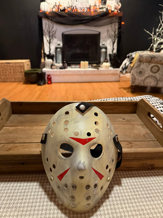 13X Studios Weathered Ivory Jason Inspired Hockey Mask with Red Chevrons - original photo IMG_9461