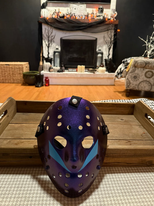 13X Studios Metallic Purple Hockey Mask with Blue Chevrons, original unedited product photo IMG_9479