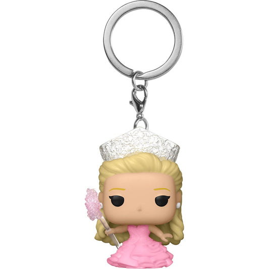 Wicked Glinda in her pink bubble gown Funko Pocket Pop! key chain, shown out of its packaging with a key ring attached