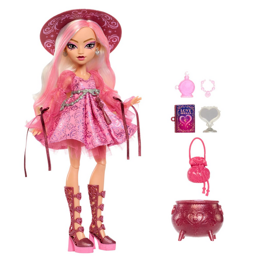 Moonspell Magic Carina Song Doll with all accessories including spellbook, mirror, perfume bottle, purse, and cauldron