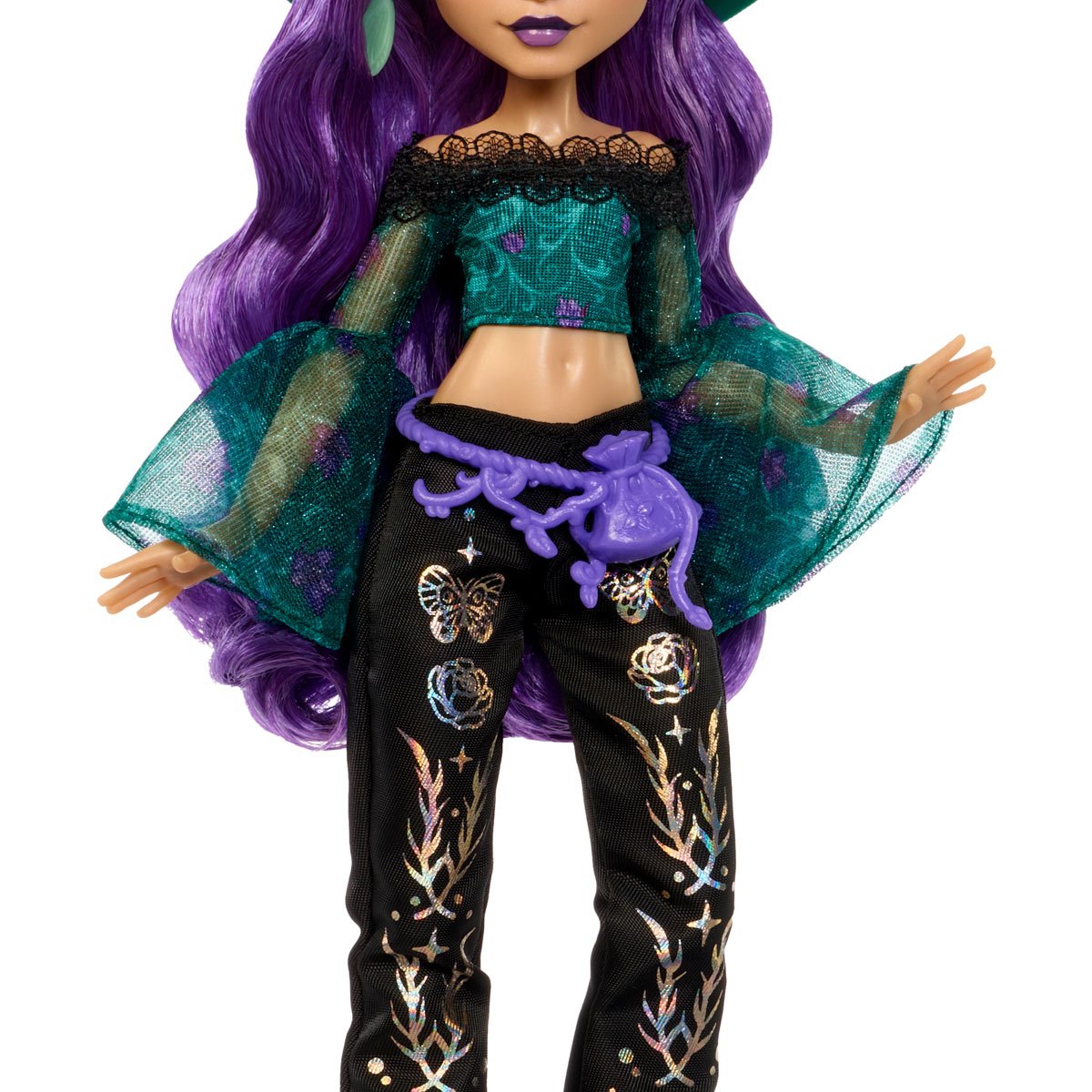 Moonspell Magic Willow Thorne Monster High doll interacting with her cauldron, revealing the surprise amulet necklace.