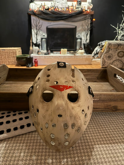 13X Studios Jason Part 4 Inspired Ivory Axe-Cut Hockey Mask - original photo IMG_9450