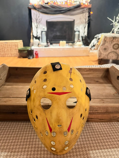13X Studios Weathered Yellow Axe-Cut Jason Inspired Hockey Mask - original photo IMG_9454