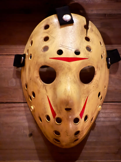 13X Studios Weathered Yellow Axe-Cut Jason Inspired Hockey Mask - original photo IMG_9455