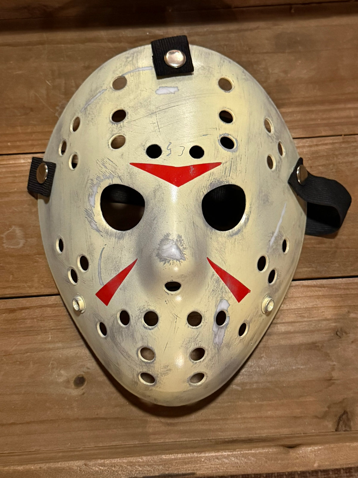 13X Studios Weathered Ivory Jason Inspired Hockey Mask with Red Chevrons - original photo IMG_9463