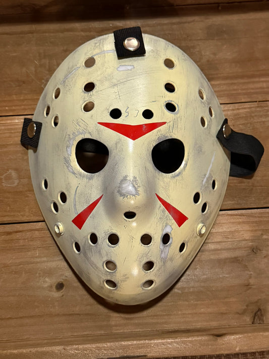13X Studios Weathered Ivory Jason Inspired Hockey Mask with Red Chevrons - original photo IMG_9463
