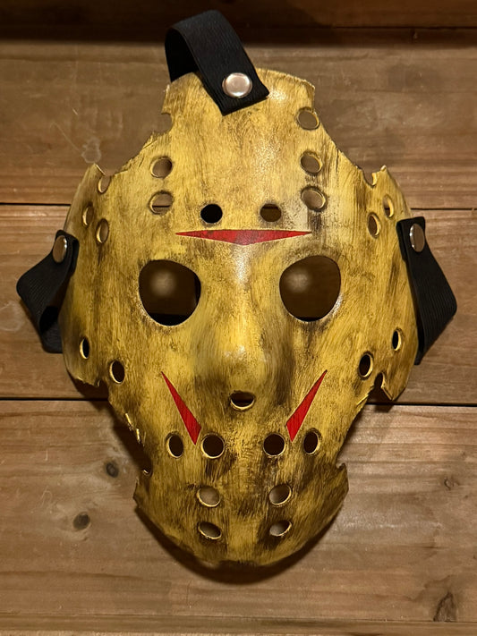 13X Studios Gold Battle-Damaged Jason Inspired Hockey Mask - original photo IMG_9465