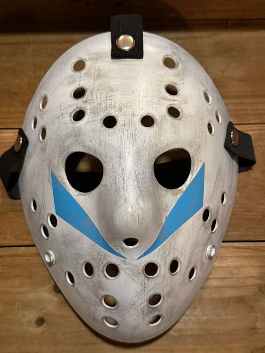 13X Studios Roy Burns Part 5 Inspired White Hockey Mask with Blue Chevrons - original photo IMG_9469