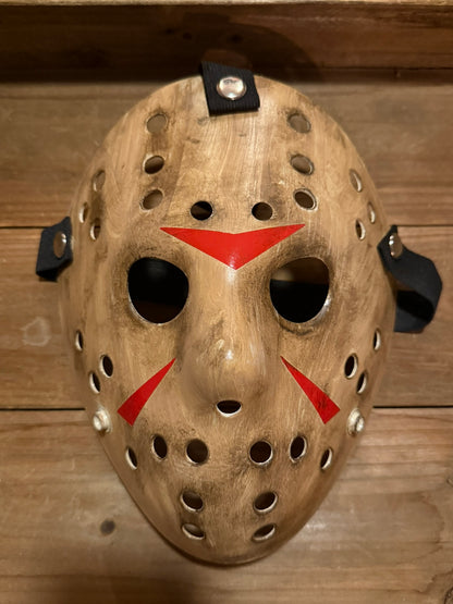 13X Studios Weathered Tan Jason Inspired Hockey Mask with Red Chevrons, original unedited product photo IMG_9473