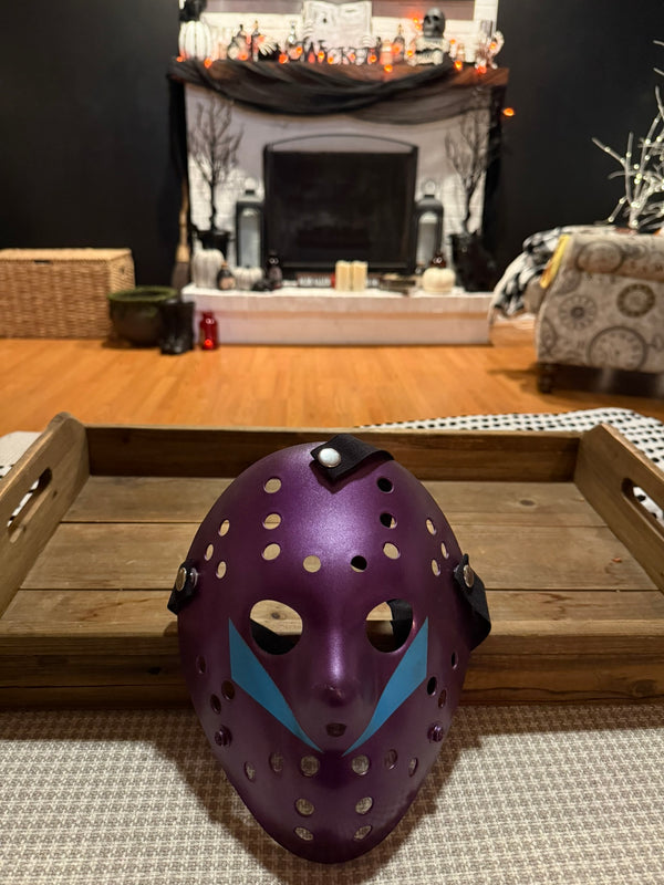 13X Studios Purple Hockey Mask with Blue Chevrons, original unedited product photo IMG_9477