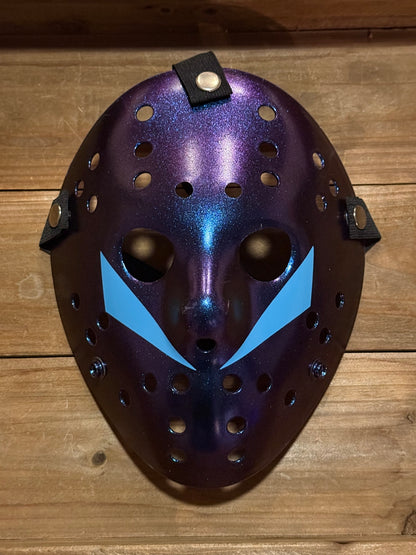 13X Studios Metallic Purple Hockey Mask with Blue Chevrons, original unedited product photo IMG_9480