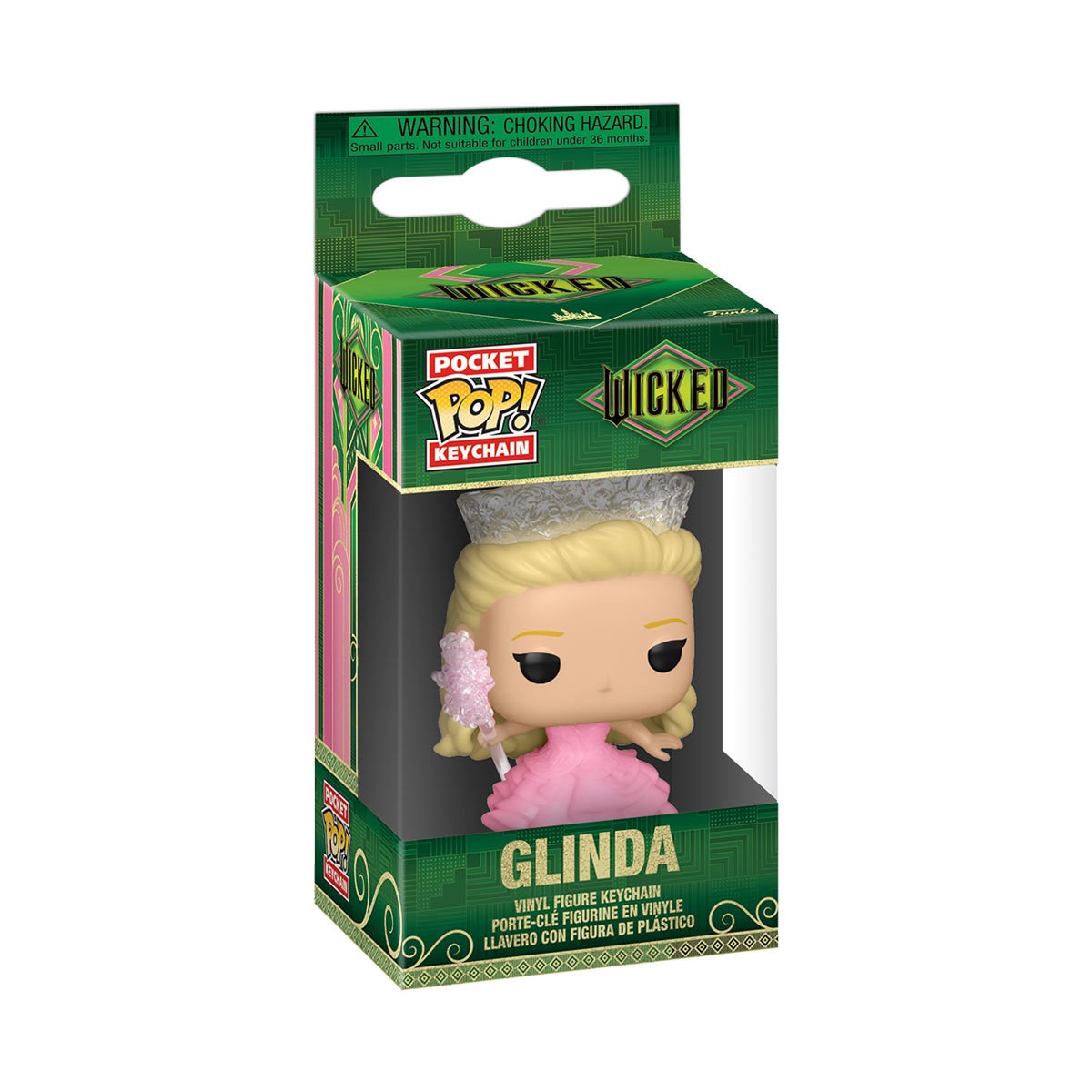 Boxed Wicked Glinda in pink bubble gown Funko Pocket Pop! key chain, front view of the green Wicked package