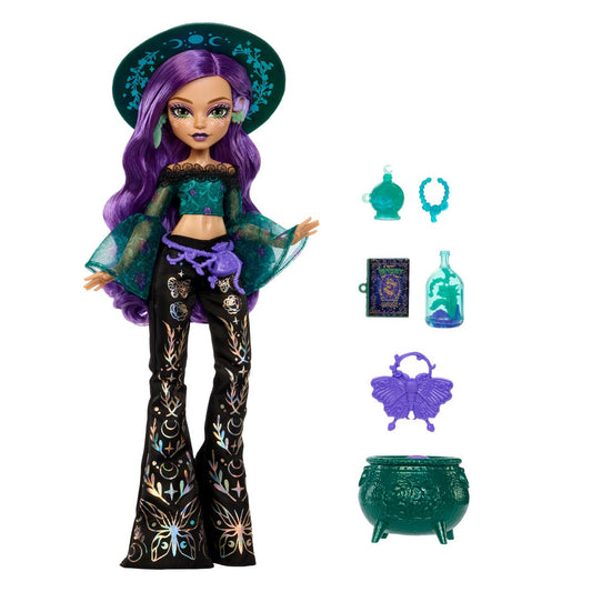 Close-up of Moonspell Magic Willow Thorne Monster High doll's face, highlighting her detailed makeup, rooted hair, and hearing aid accessory.