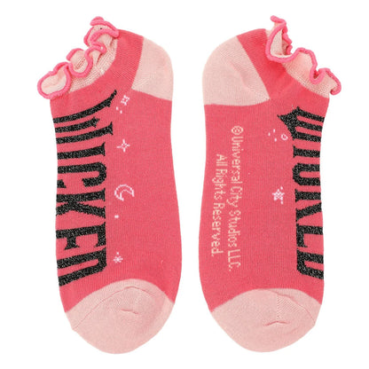 Pair of pink Wicked ankle socks with Glinda and Elphaba silhouette graphics