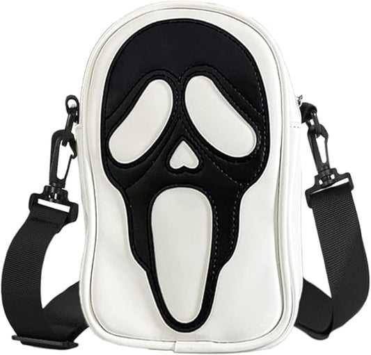 Ghost Face white PU leather crossbody goth sling bag with black mask design