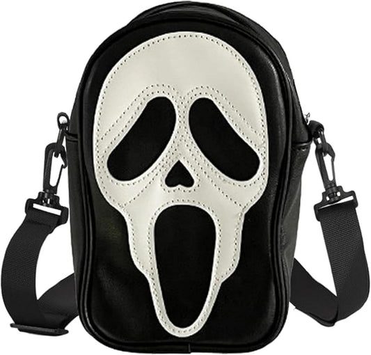 Ghost Face black PU leather crossbody goth sling bag with white mask design