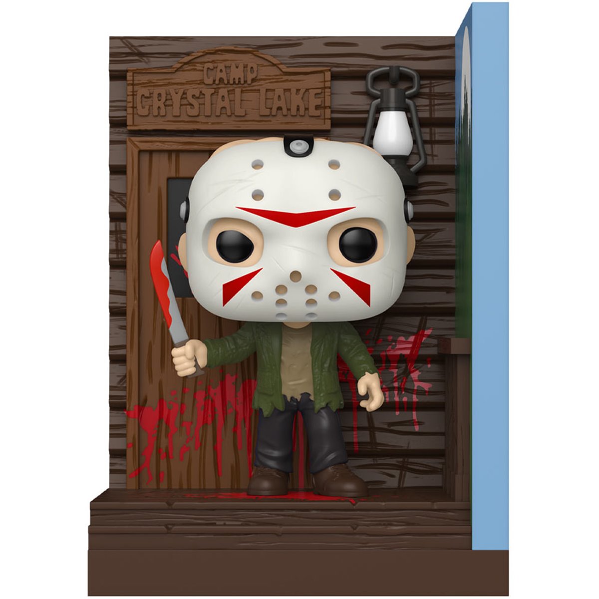 Jason at Camp Crystal Lake Funko Pop! Nook figure wearing a white hockey mask and holding a machete in a Camp Crystal Lake diorama front view