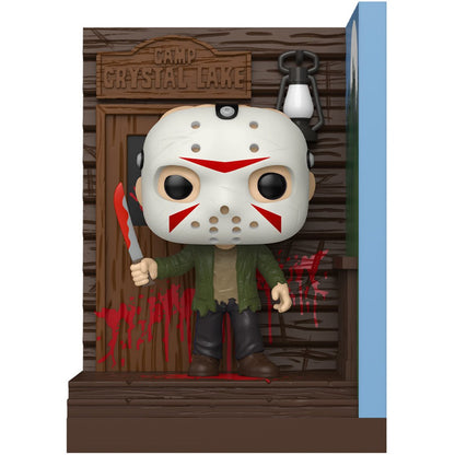 Jason at Camp Crystal Lake Funko Pop! Nook figure wearing a white hockey mask and holding a machete in a Camp Crystal Lake diorama front view