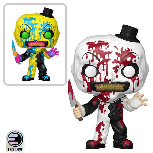 Terrifier 3 Art the Clown Bloody Funko Pop! Vinyl Figure #1948 front-view composite, with the bloody black-and-white figure holding a knife and a yellow-and-blue variant inset; Entertainment Earth Exclusive