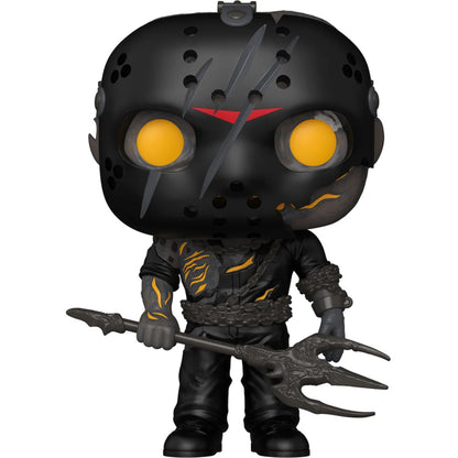 Close-up front view of the Friday the 13th: The Game Savini Jason Funko Pop! vinyl figure #1160 holding a dark bladed weapon