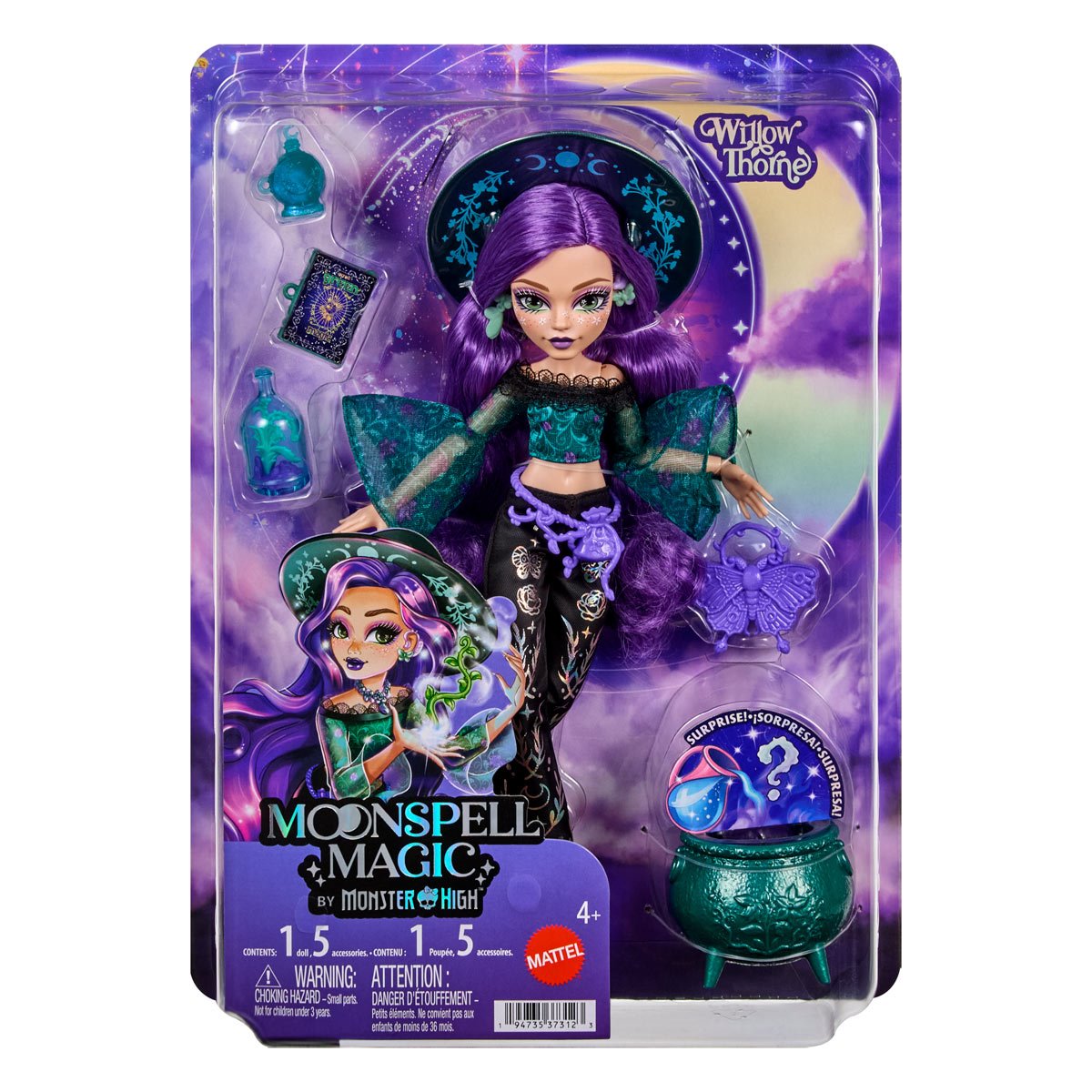 Back view of Moonspell Magic Willow Thorne Monster High doll, showing the intricate details of her outfit and hair from behind.