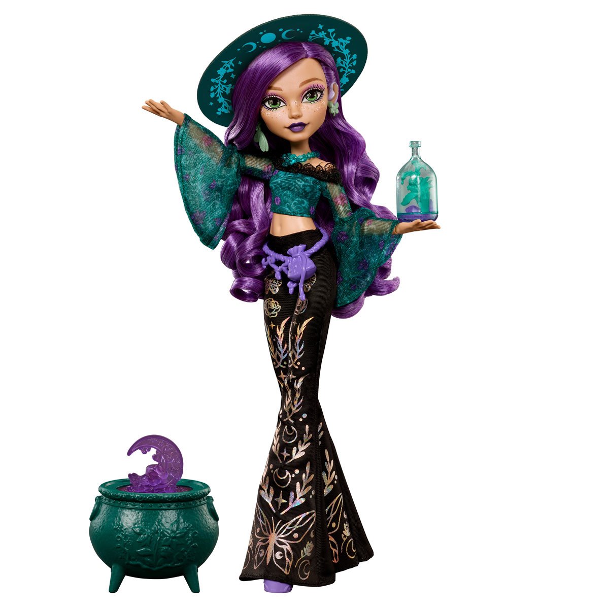 Moonspell Magic Willow Thorne Monster High doll in a dynamic pose, showcasing her earth-toned outfit and witch hat, holding a cauldron.