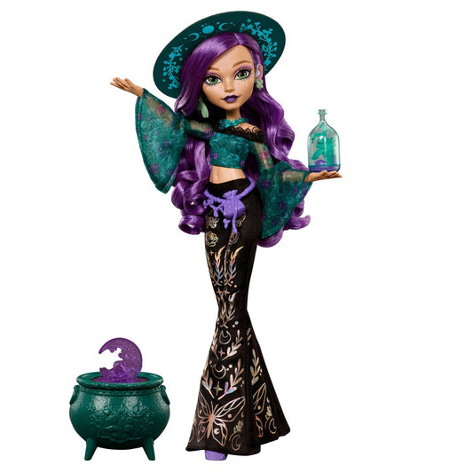 Moonspell Magic Willow Thorne Monster High doll in a dynamic pose, showcasing her earth-toned outfit and witch hat, holding a cauldron.
