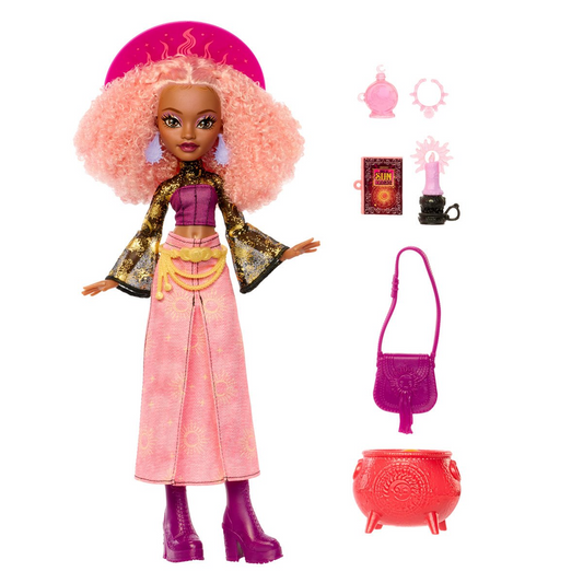 Moonspell Magic Rae Lumina Doll with all accessories including spellbook, candle, potion bottle, messenger bag, and cauldron