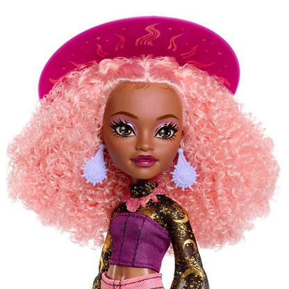 Moonspell Magic Rae Lumina Monster High Doll - Close-up face detail with curly pink hair and purple witch hat