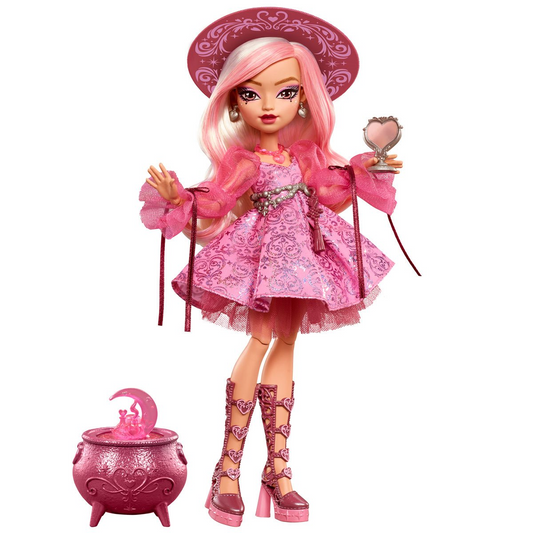 Moonspell Magic By Monster High Carina Song Doll - Full figure with pink dress, witch hat, and cauldron