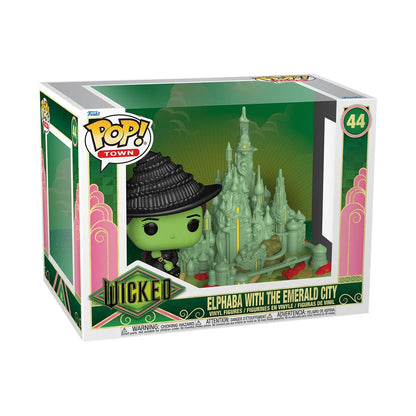 Wicked Funko Pop! Town #44 Elphaba with The Emerald City in front three-quarter view inside the display box