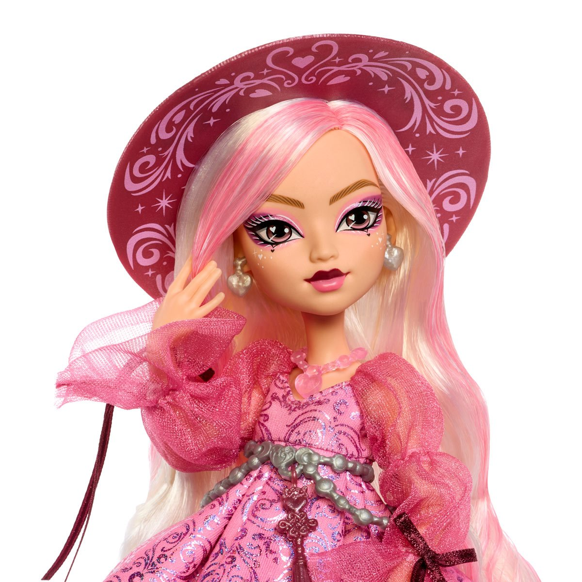 Moonspell Magic Carina Song Monster High Doll - Close-up face detail with pink hair and witch hat
