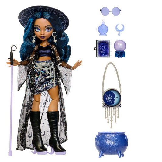 Moonspell Magic Claire De Luna Doll with all accessories including crystal ball, star guidebook, potion bottle, cane, and cauldron