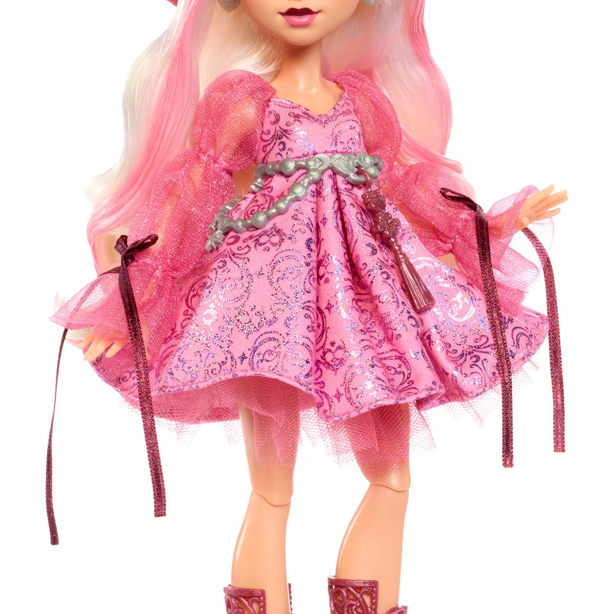 Moonspell Magic Carina Song Doll - Detail of pink mauve dress with pearl belt and tulle overlay
