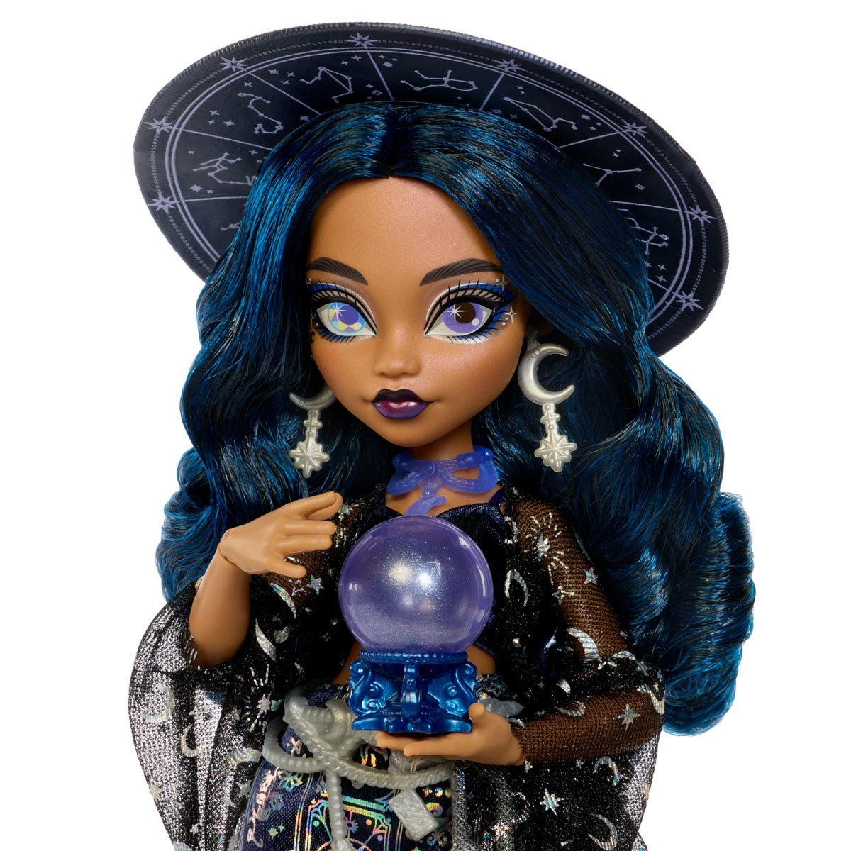Moonspell Magic Claire De Luna Monster High Doll - Close-up face detail with starry witch hat and crystal ball