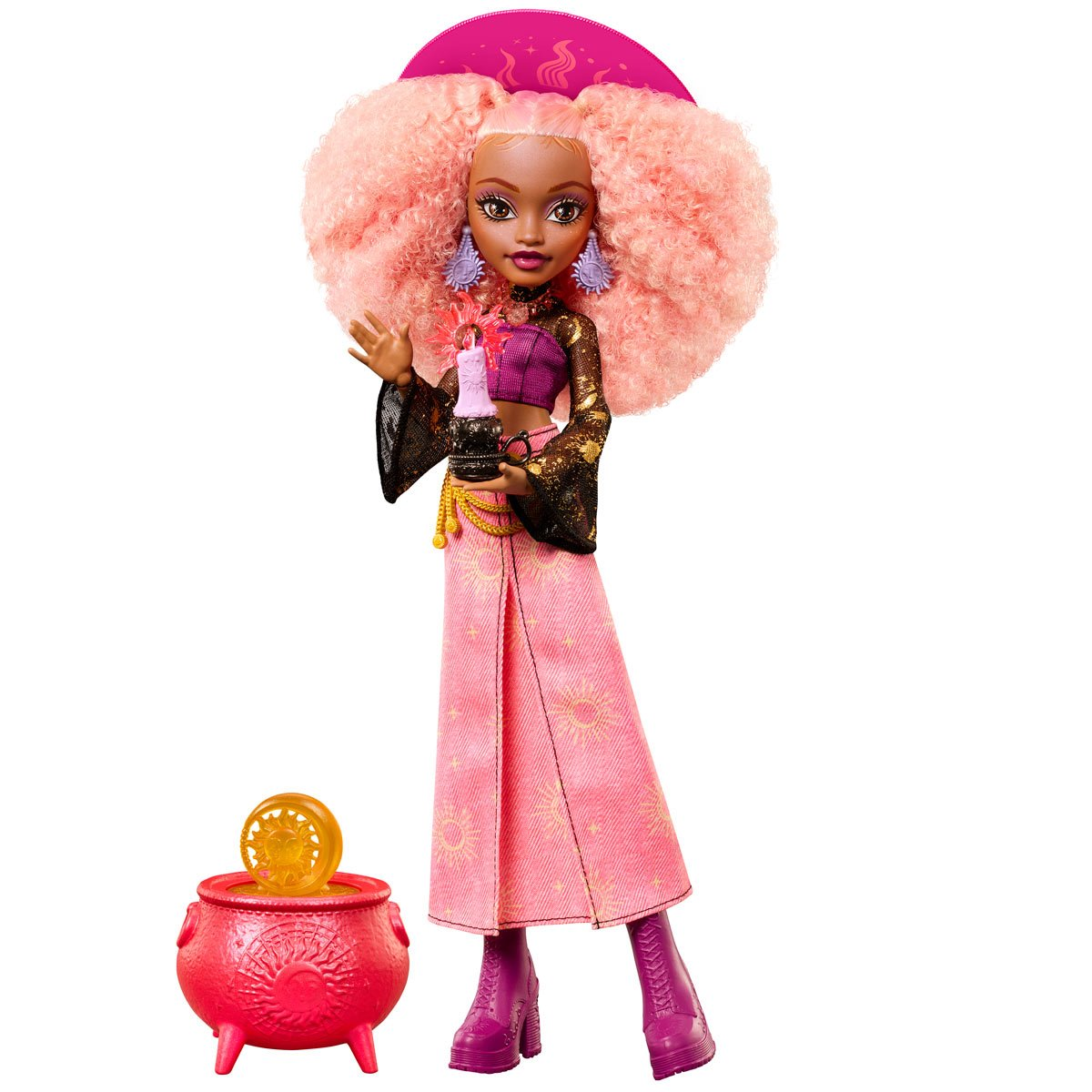 Moonspell Magic By Monster High Rae Lumina Doll - Full figure with sparkling top, sunrise-pink skirt, witch hat, and cauldron