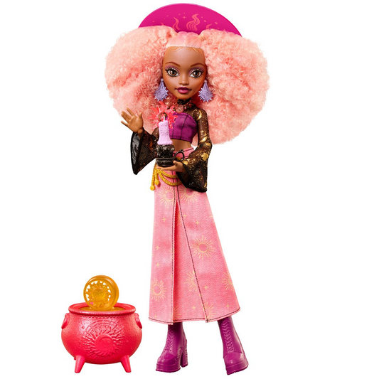Moonspell Magic By Monster High Rae Lumina Doll - Full figure with sparkling top, sunrise-pink skirt, witch hat, and cauldron