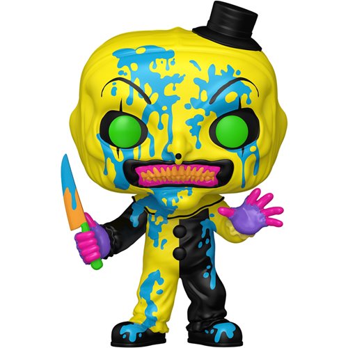 Terrifier 3 Art the Clown Bloody Funko Pop! Vinyl Figure #1948 yellow-and-blue variant front view, wearing a black top hat and holding a knife
