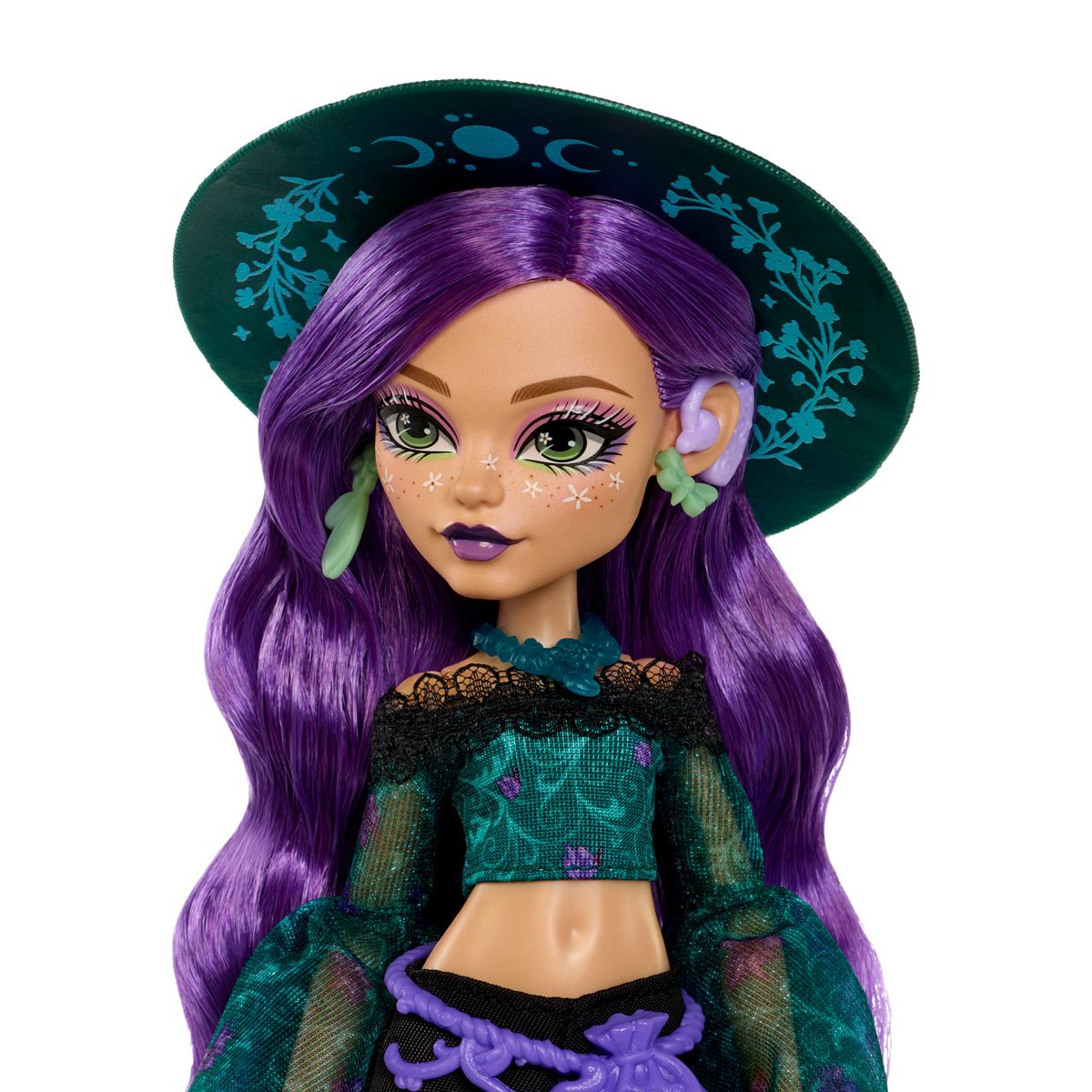 Full body shot of Moonspell Magic Willow Thorne Monster High doll, displaying her complete outfit, pouch belt, moth purse, and spellbook.