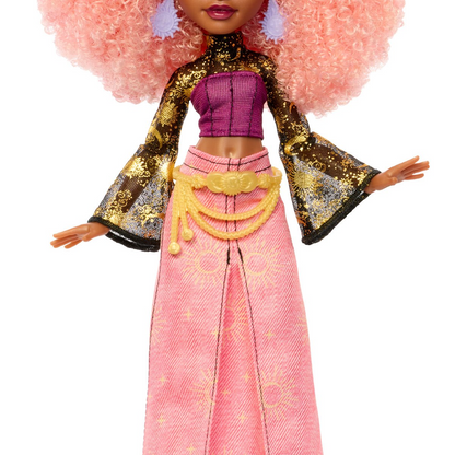 Moonspell Magic Rae Lumina Doll - Detail of sparkling top, golden belt, and sunrise-pink denim skirt outfit