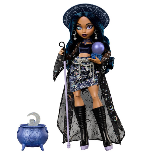 Moonspell Magic By Monster High Claire De Luna Doll - Full figure with starry outfit, witch hat, and cauldron