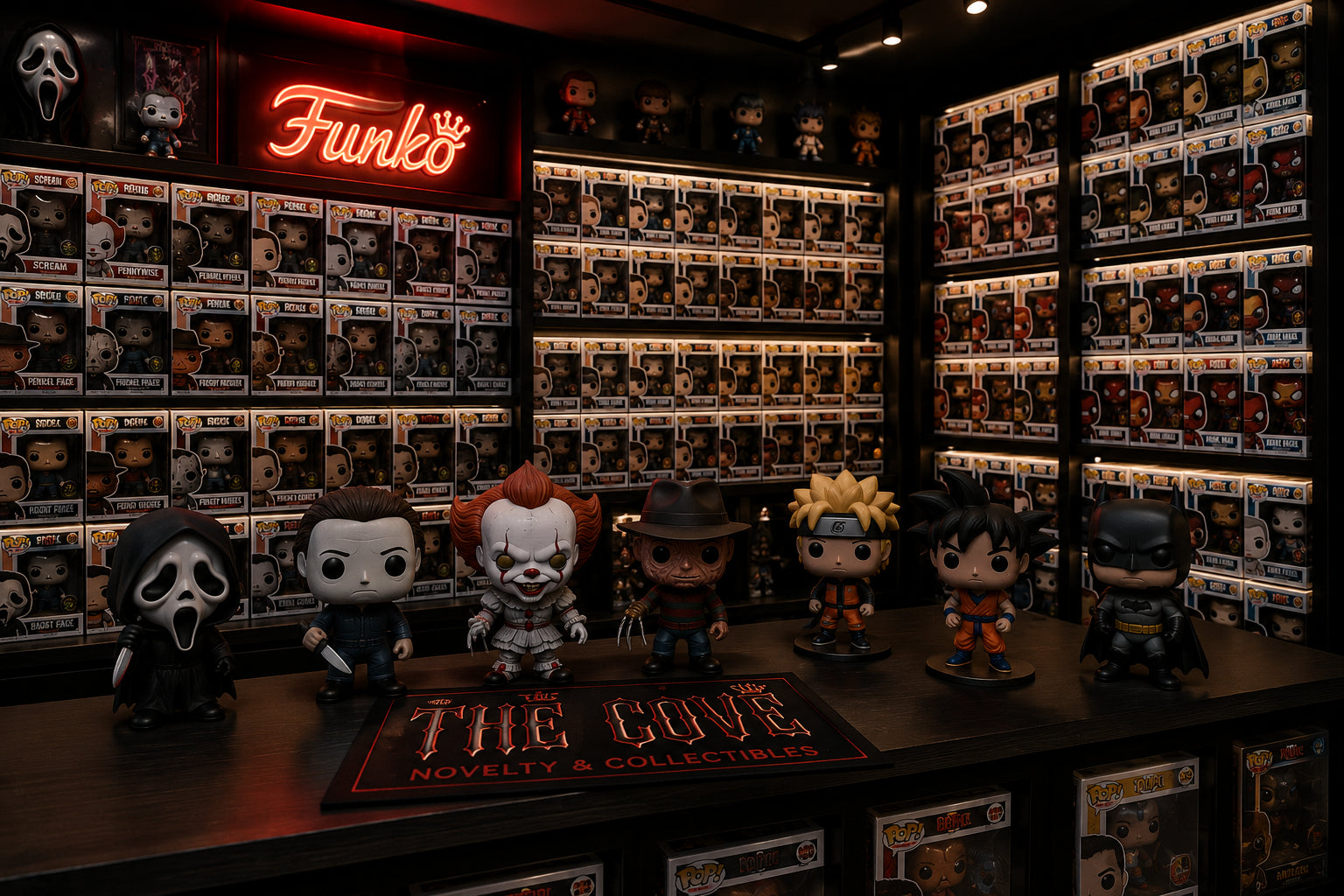 Funko Pop collector shelf at The Cove