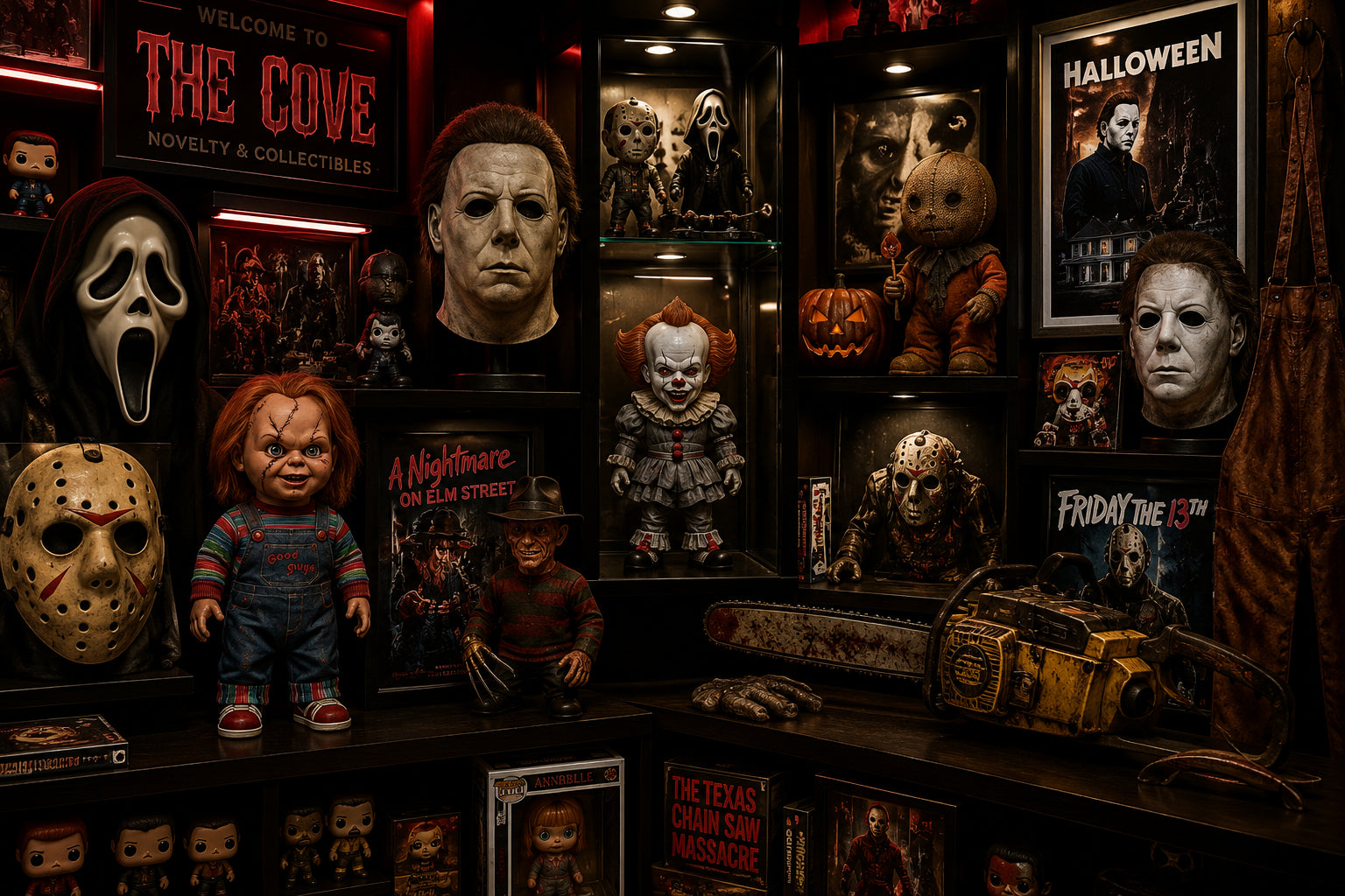 Horror collectibles display at The Cove